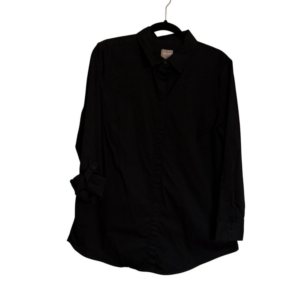 Chicos Women SZ 2 US Large Black Button Up Roll Tab Long Sleeve Blouse Top